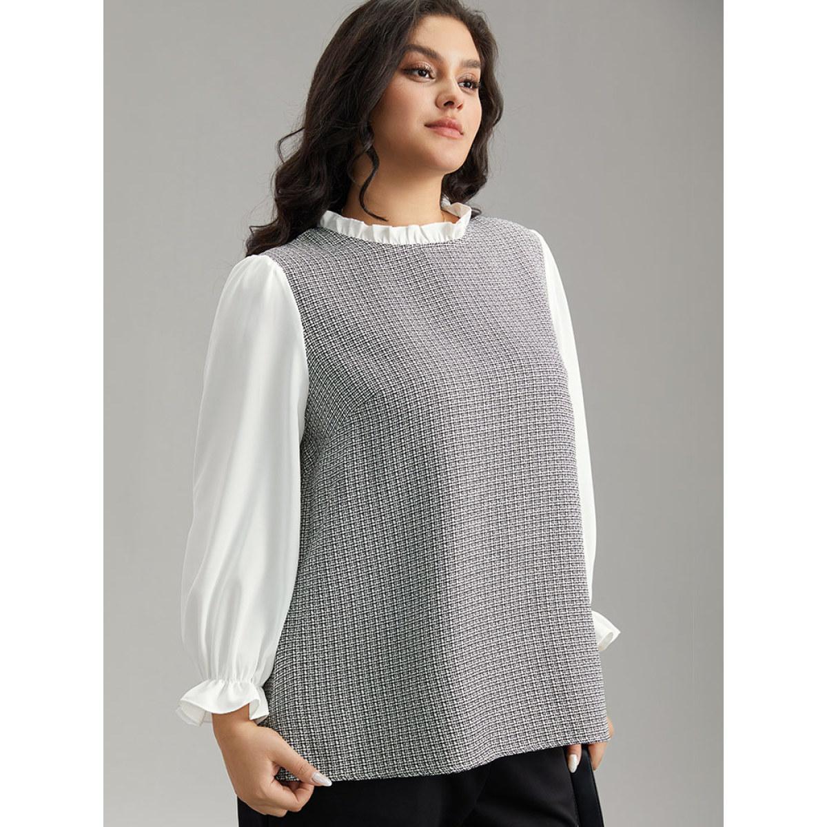 Plus Size White Gingham Ruffles Patchwork Frill Trim Blouse Women Office Long Sleeve Stand-up collar Office Blouses BloomChic 12/L Product Image