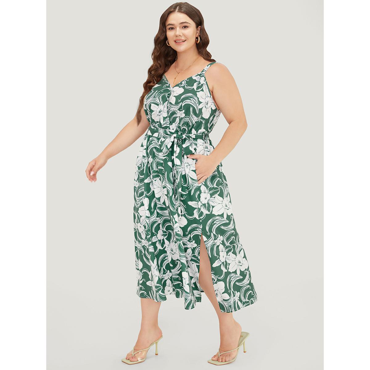 Plus Size Floral Split Flutter Hem Wrap Pocket Belted Cami Dress Green Women Elegant Adjustable Straps V-neck Sleeveless Curvy Midi Dress BloomChic 10/M Product Image