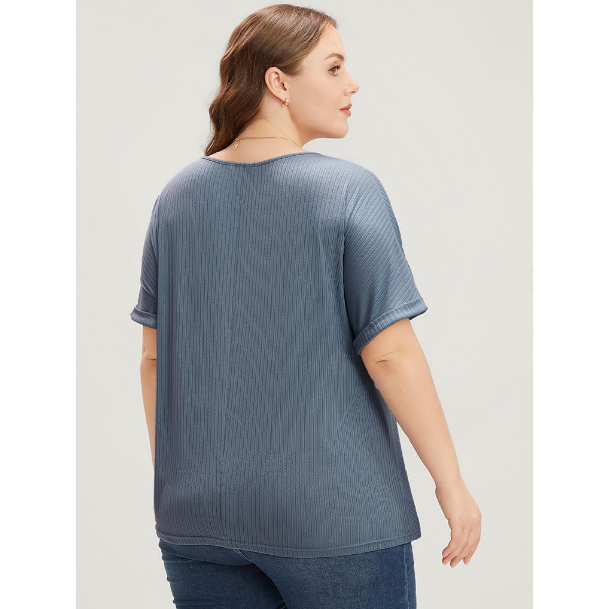 Plus Size Plain Round Neck Rib Knit Tee LightBlue Women Casual Plain Round Neck Dailywear T-shirts BloomChic 26/4X Product Image