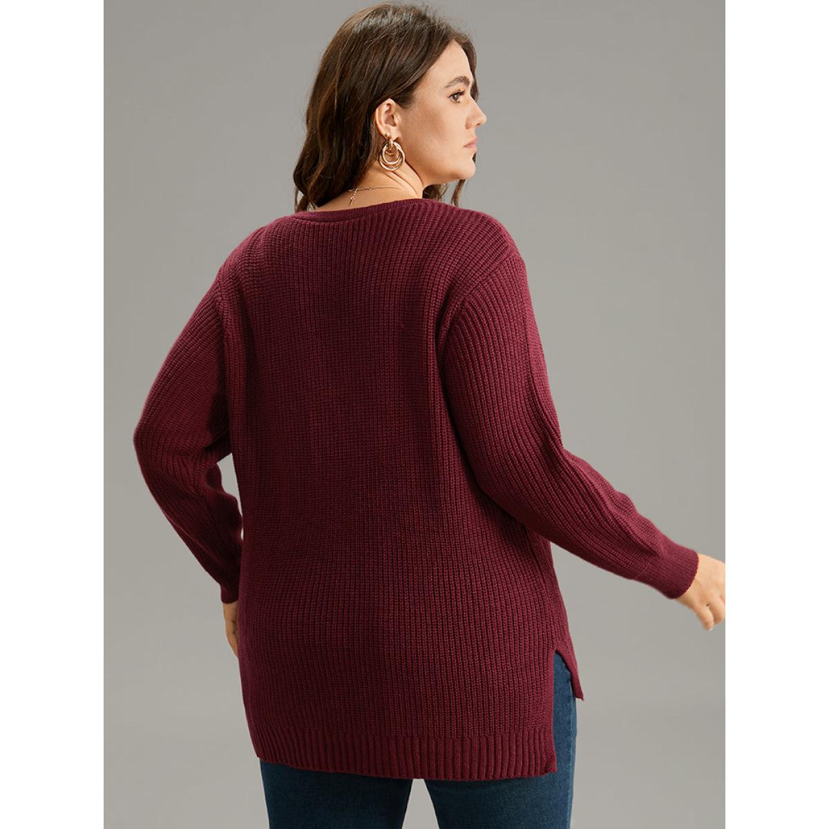 Plus Size High Low Hem Lace Up Split Side Pullover Scarlet Women Casual Loose Long Sleeve V-neck Dailywear Pullovers BloomChic 22-24/3X Product Image