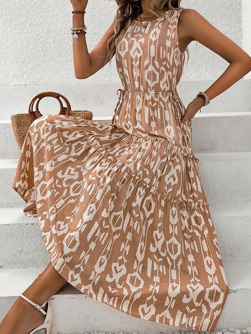 Brown and White Tiered Sleeveless Waist Baring Dress Product Image