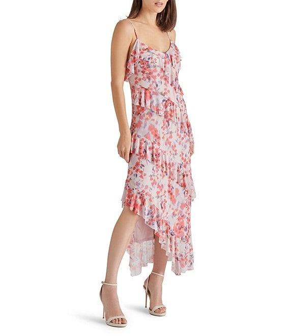 Steve Madden Aida Floral Print V Neck Sleeveless Ruffle Tier Midi Dress Product Image