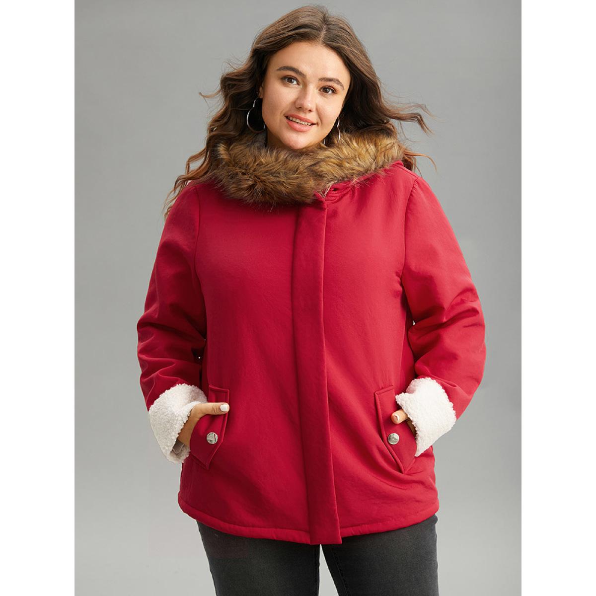 Plus Size Patchwork Fuzzy Trim Pocket Hooded Jacket Women Red Casual Contrast Ladies Party Winter Coats BloomChic 12/L Product Image