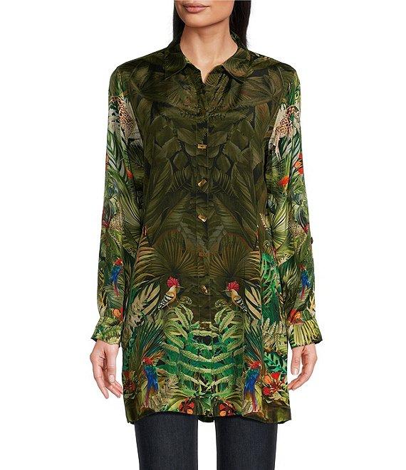 John Mark Tropical Print Collared Long Roll-Tab Sleeve Tunic Product Image