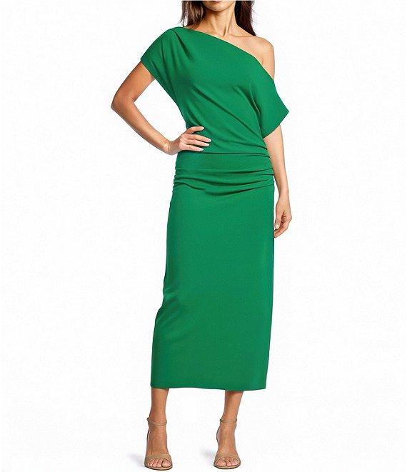 Gibson & Latimer Crepe Knit Asymmetric Neck One Shoulder Off-the-Shoulder Short Sleeve Ruched Sheath Midi Dress Product Image