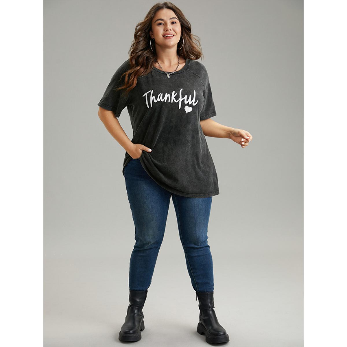 Plus Size Vintage Letter Print Round Neck Raglan Sleeve T-shirt Black Women Casual Printed Positive slogan Festival-Christmas T-shirts BloomChic 12/L Product Image
