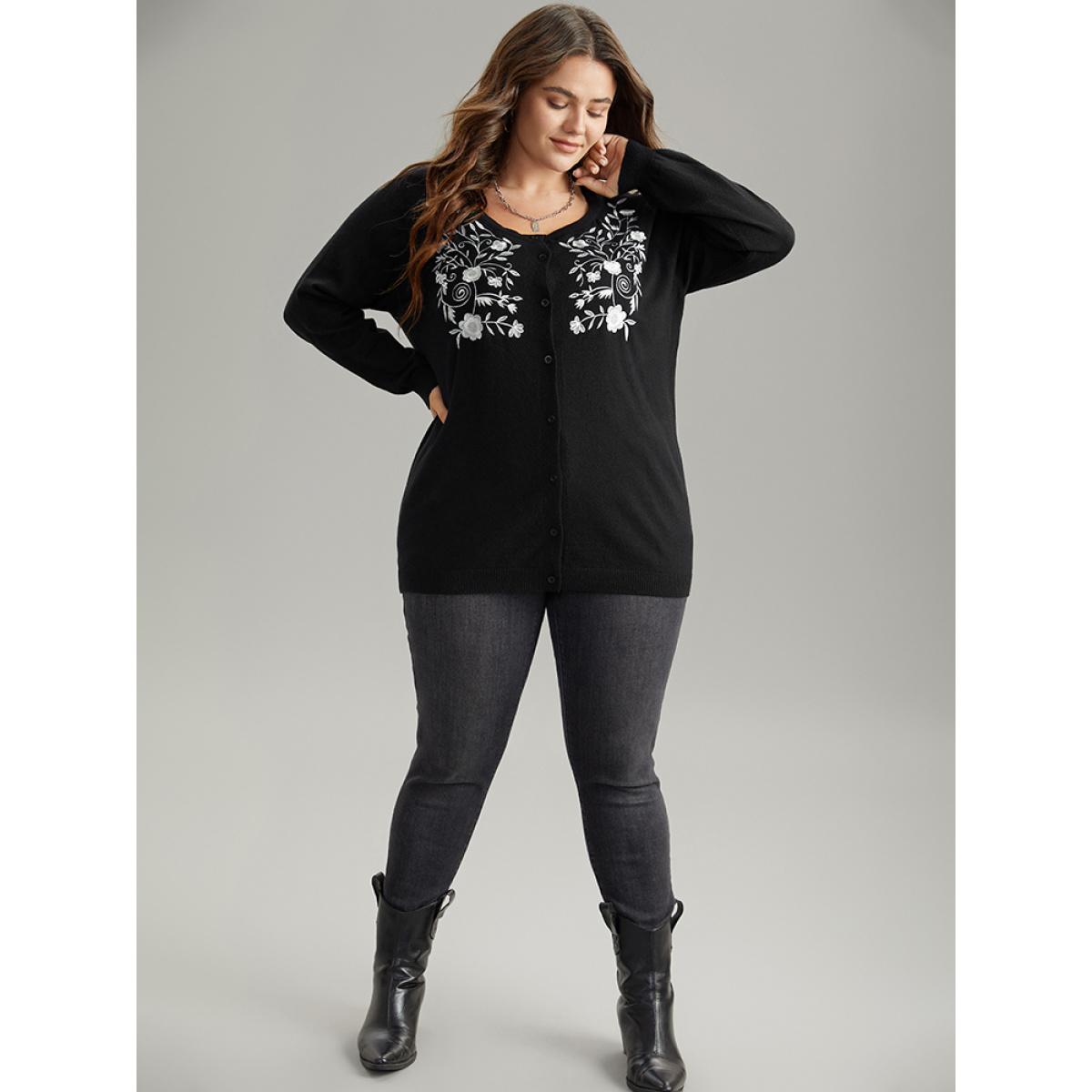 Plus Size Supersoft Essentials Anti-Pilling Silhouette Floral Print Cardigan Black Women Casual Loose Long Sleeve Dailywear Cardigans BloomChic 18-20/2X Product Image