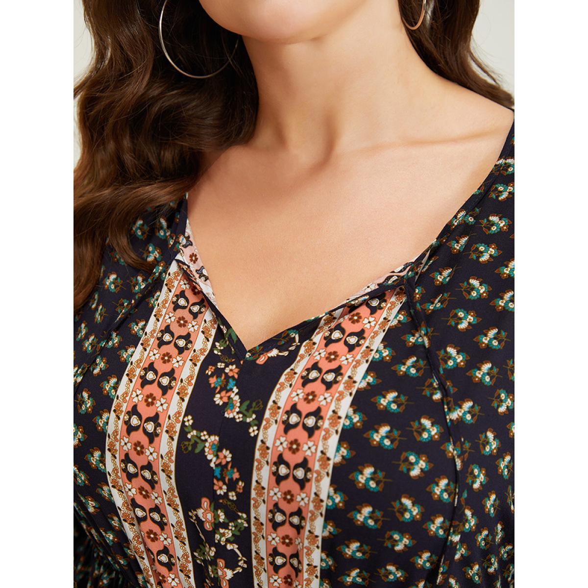 Plus Size Indigo Bandana & Paisley Print Lantern Sleeve Knot Neck Ruffle Blouse Women Vacation Elbow-length sleeve Tie Neck Dailywear Blouses BloomChic 12/L Product Image