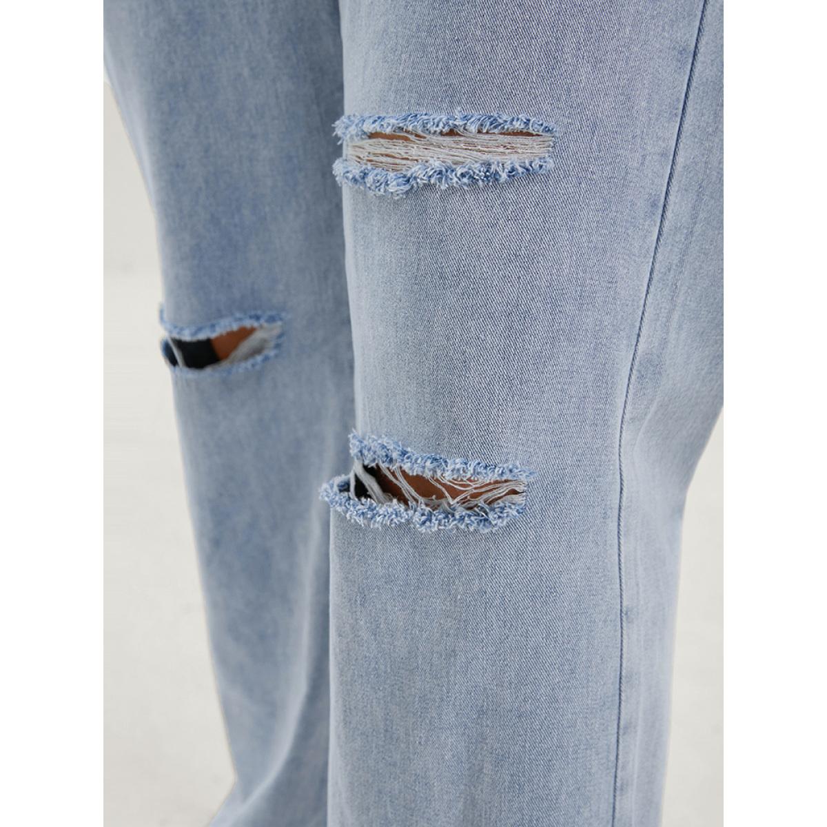Plus Size Boyfriend Wide Leg Non Stretchy High Rise Light Wash Distressed Jeans Women LightBlue Casual Plain Distressed No stretch Pocket Jeans BloomChic 16/1X Product Image