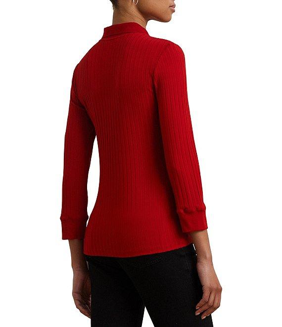 Lauren Ralph Lauren Ribbed Knit Point Collar 3/4 Sleeve Polo Shirt Product Image