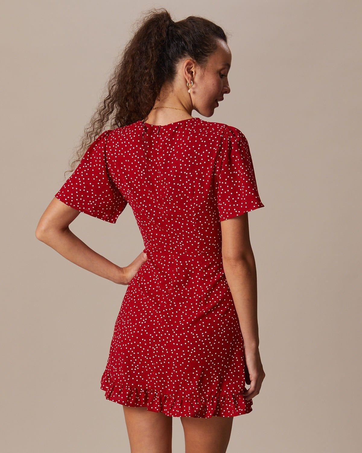 The Red V Neck Polka Dot Flounce Mini Dress Product Image