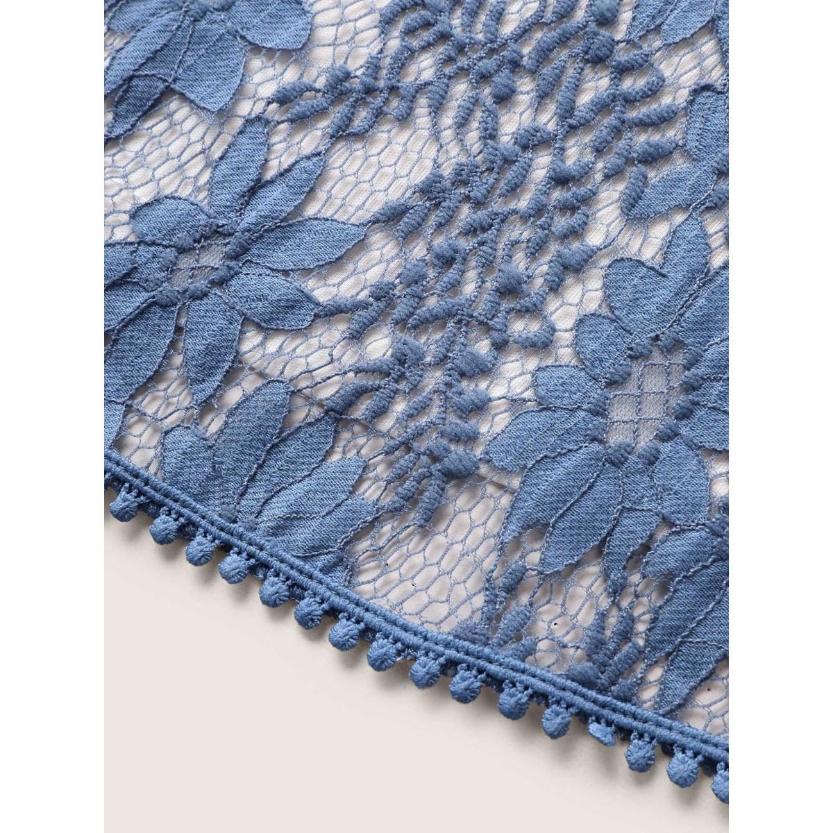 Plus Size DarkBlue Floral Crochet Lace Mesh Pompom Trim Blouse Women Elegant Short sleeve Overlap Collar Everyday Blouses BloomChic 10/M Product Image