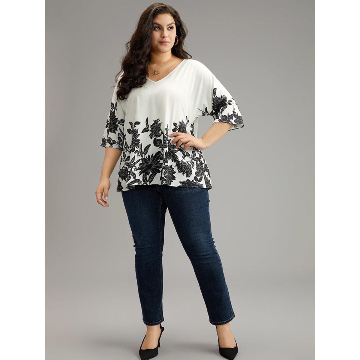 Plus Size White Boho Print V Neck Cut Out Blouse Women Elegant Elbow-length sleeve V-neck Dailywear Blouses BloomChic 22-24/3X Product Image