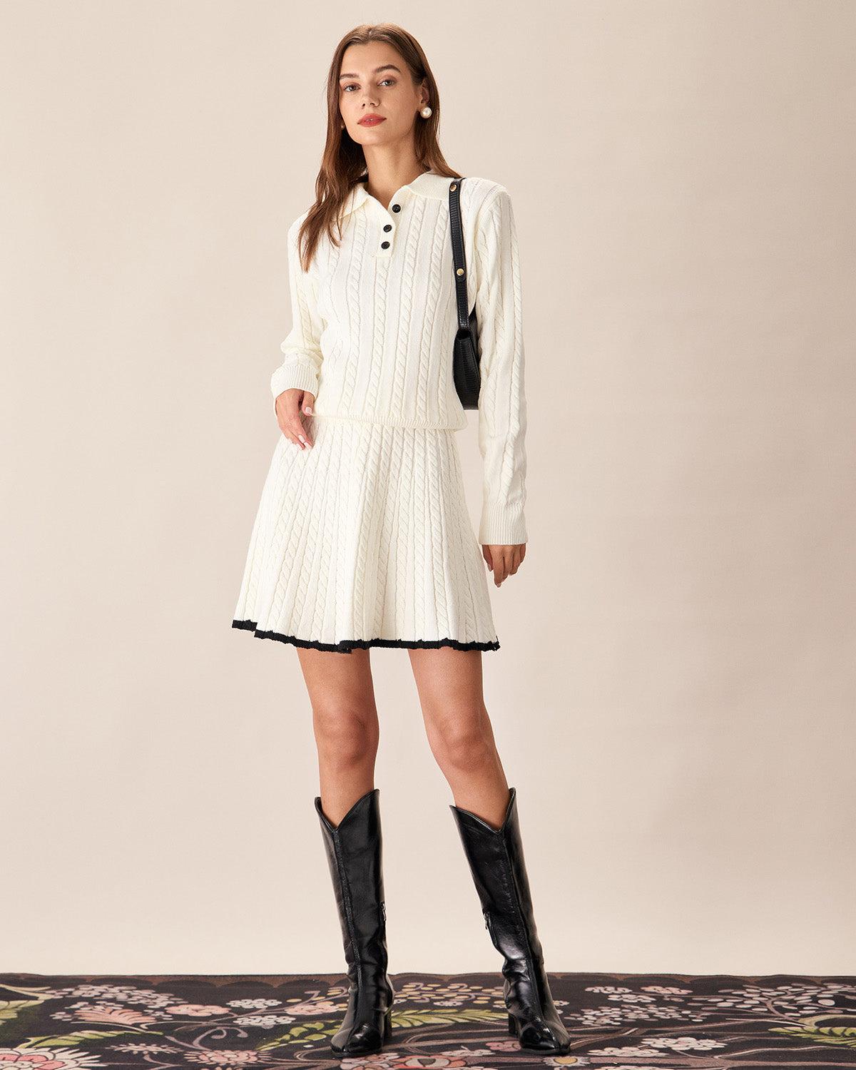 White Contrasting Knitted Mini Skirt Product Image