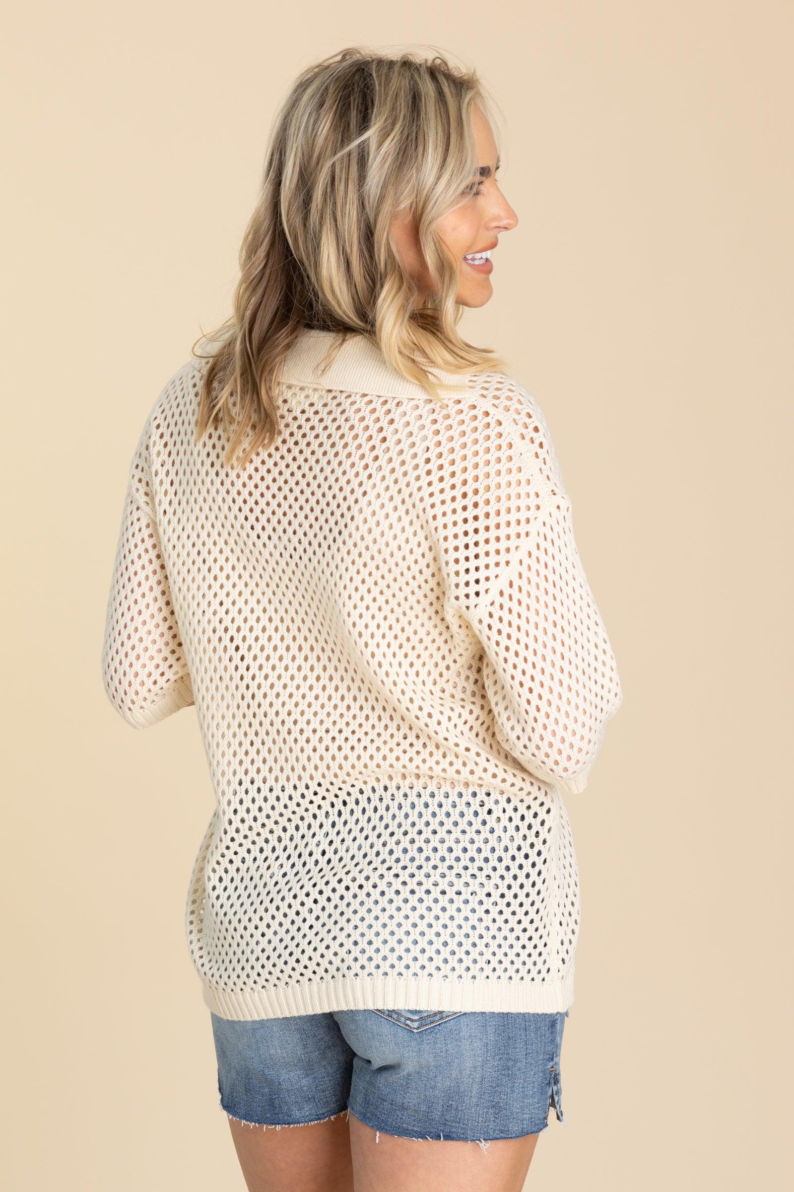 Cream Collared Oversized Net Crochet Knit Top Product Image