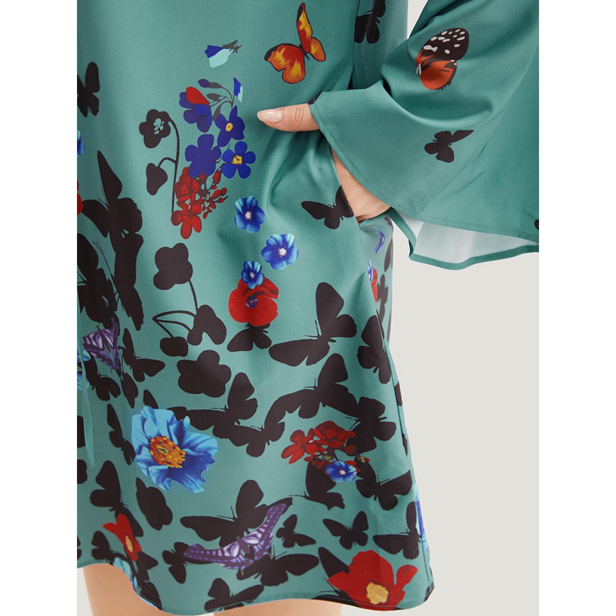 Plus Size Butterfly & Floral Print Knot Neck Bell Sleeve Dress Turquoise Women Elegant Cross straps Tie Neck Long Sleeve Curvy Knee Dress BloomChic 12/L Product Image