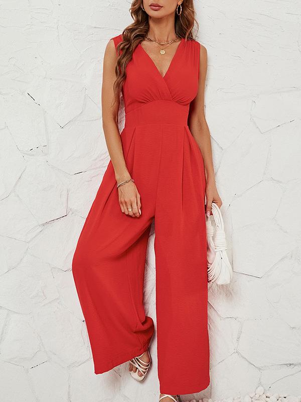 Loose Sleeveless Pleated Solid Color Split-Joint V-Neck Jumpsuits Product Image