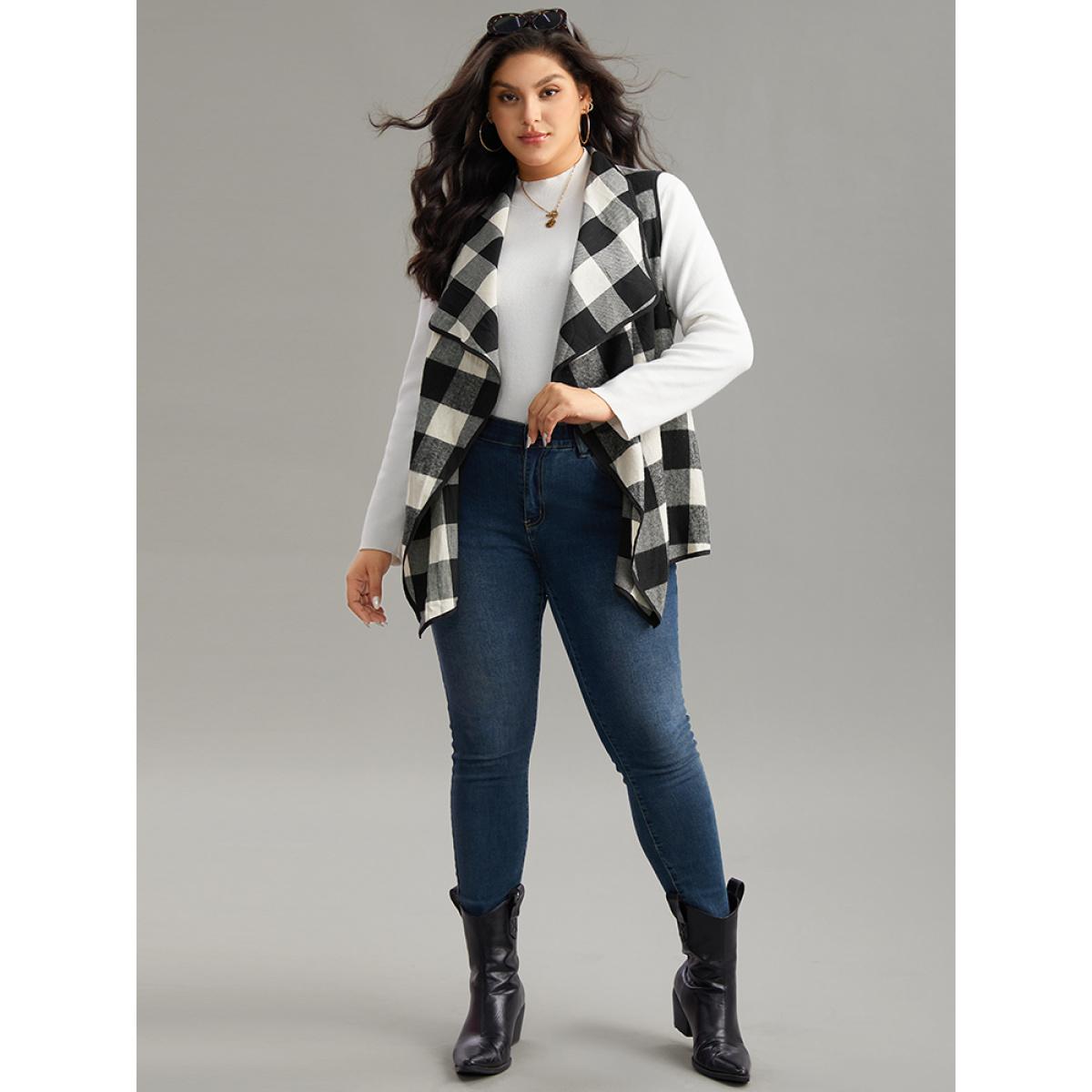 Plus Size Plaid Asymmetrical Hem Open Front Vest Women Black Casual Contrast Dailywear Kimonos BloomChic 10/M Product Image