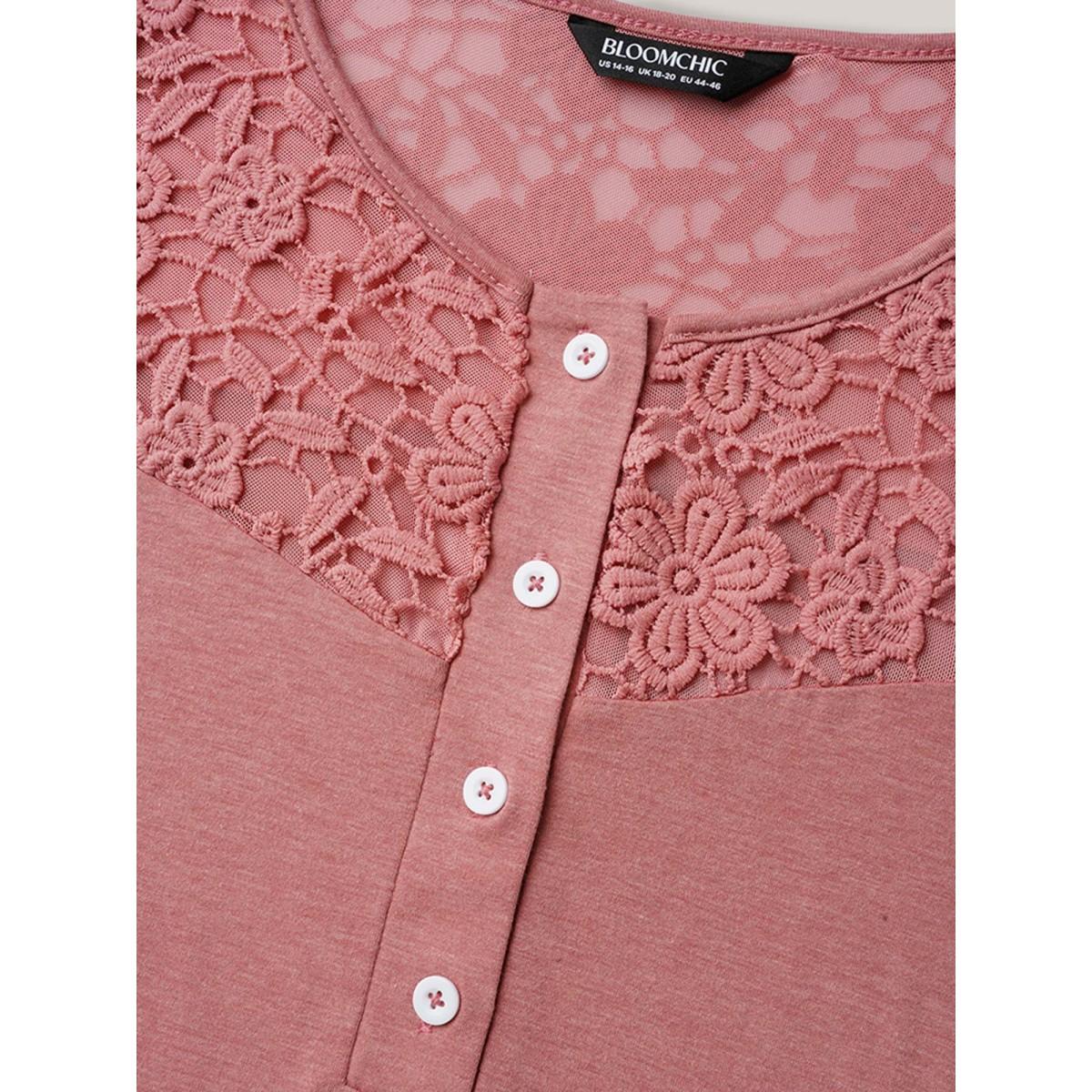 Plus Size Sheer Lace Placket Pockets Midi Dress DustyPink Women Casual Woven ribbon&lace trim Knit Dresses Bloomchic 30/6X Product Image