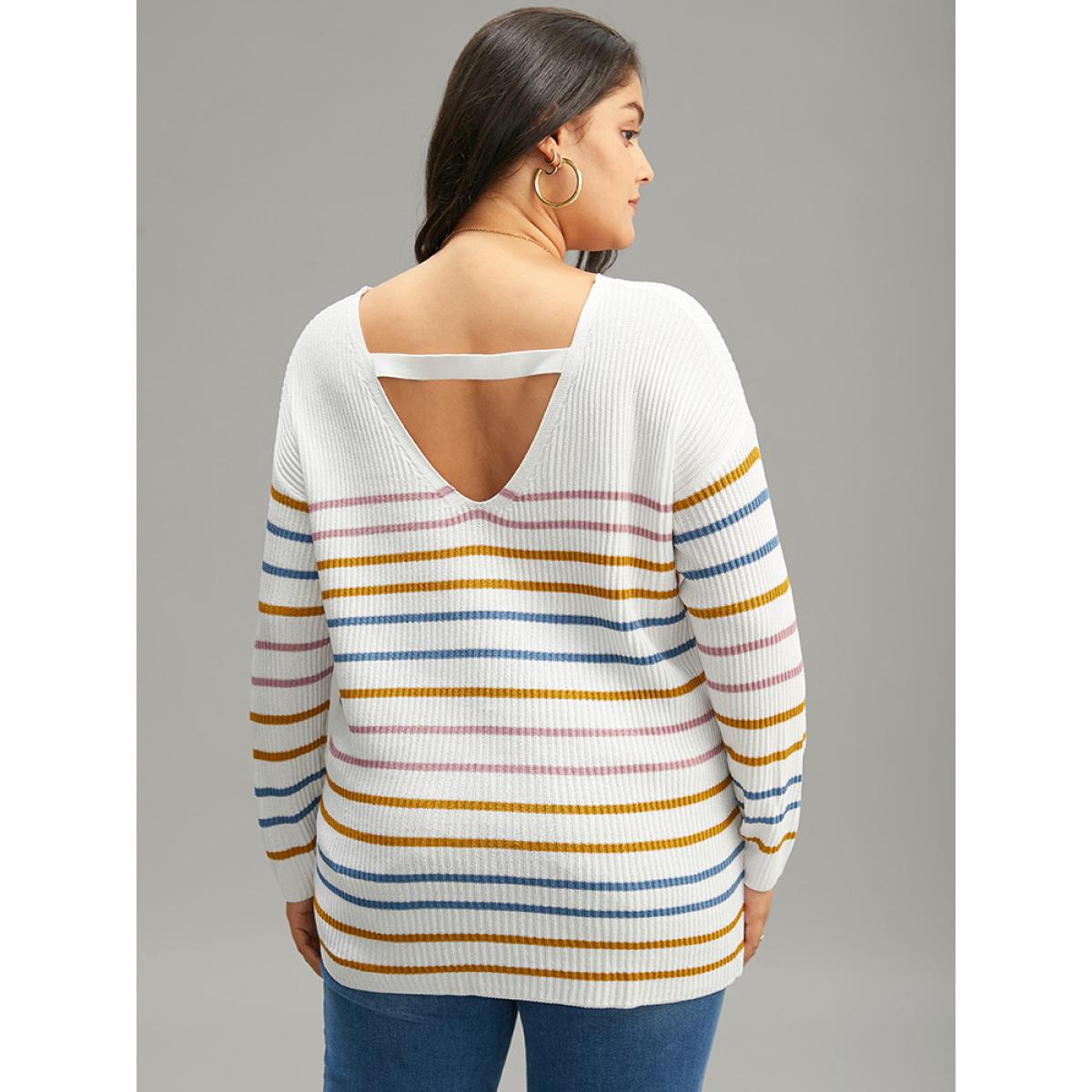 Plus Size Colour Striped V Neck Back Cut Out Pullover Multicolor Women Casual Loose Long Sleeve V-neck Dailywear Pullovers BloomChic 14-16/1X Product Image