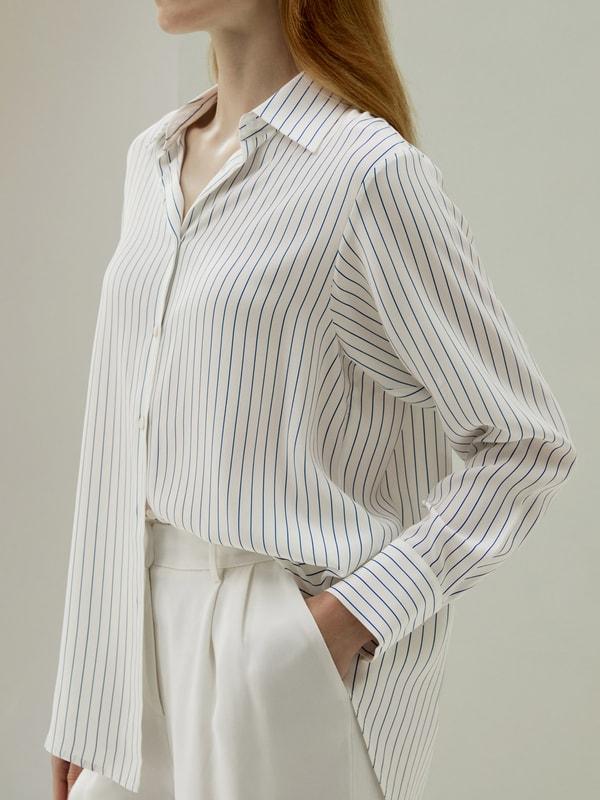 LILYSILK Women's Silk Charmeuse Oversized SOS Shirt, Brown Pinstripe, XXL Product Image