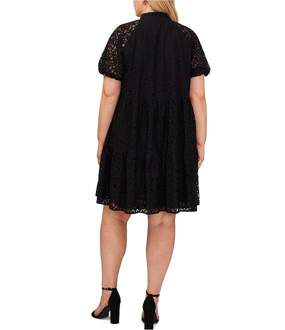 CeCe Plus Size Lace V-Neck Short Puff Sleeve Tiered Babydoll Mini Dress Product Image
