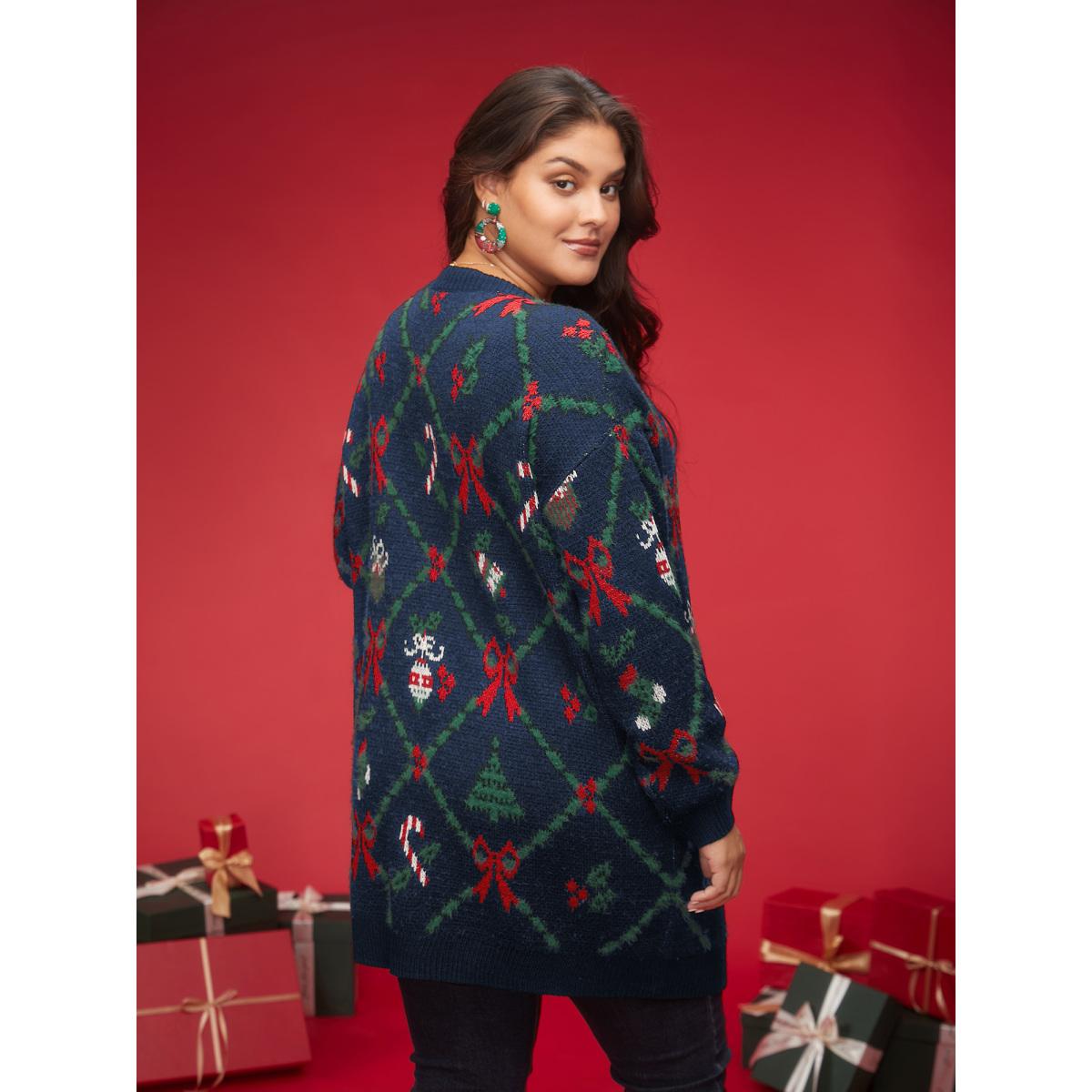 Plus Size Festive Plaid Pattern Open-Front Cardigan Navy Women Casual Loose Long Sleeve Everyday Cardigans BloomChic 18-20/2X Product Image