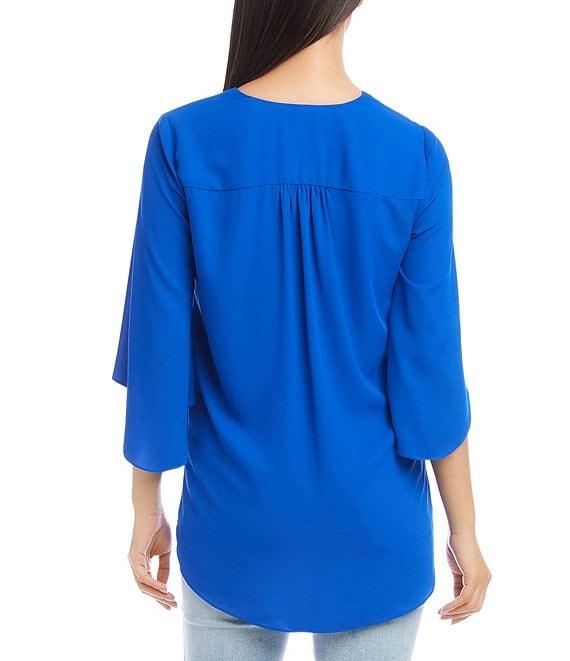 Karen Kane Silky Crepe V-Neck 3/4 Flutter Sleeve Asymmetric Crossover Hem Top Product Image