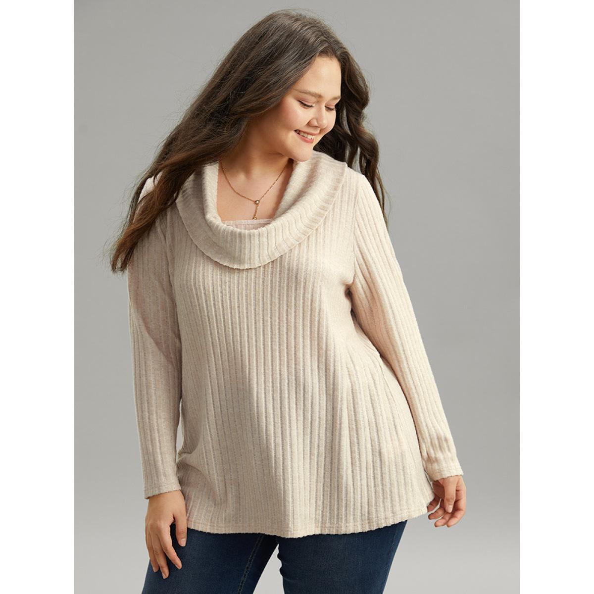 Plus Size Plain Rib Knit Cowl Neck T-shirt Apricot Women Elegant Texture Plain Ruffled collar Dailywear T-shirts BloomChic 18-20/2X Product Image