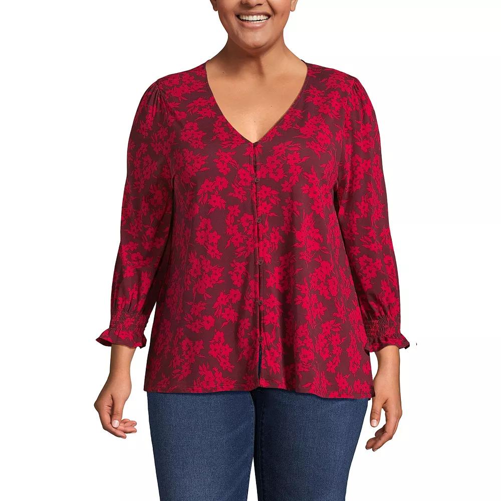 Plus Size Lands End 3/4 Sleeve Lightweight Jersey Button Front Top, Womens Product Image
