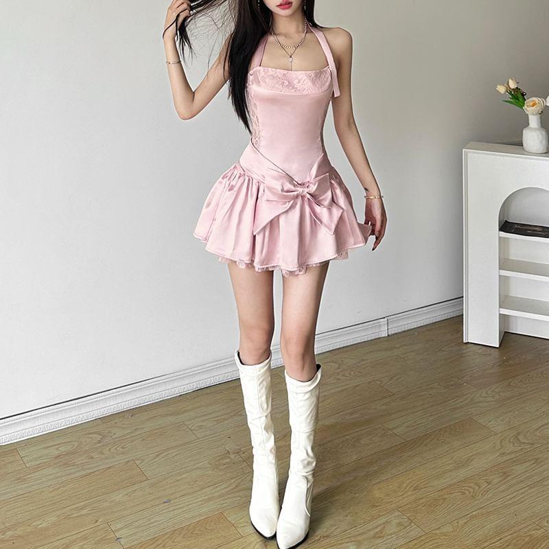 Halter Neck Bow Accent Plain Mini A-Line Dress Product Image