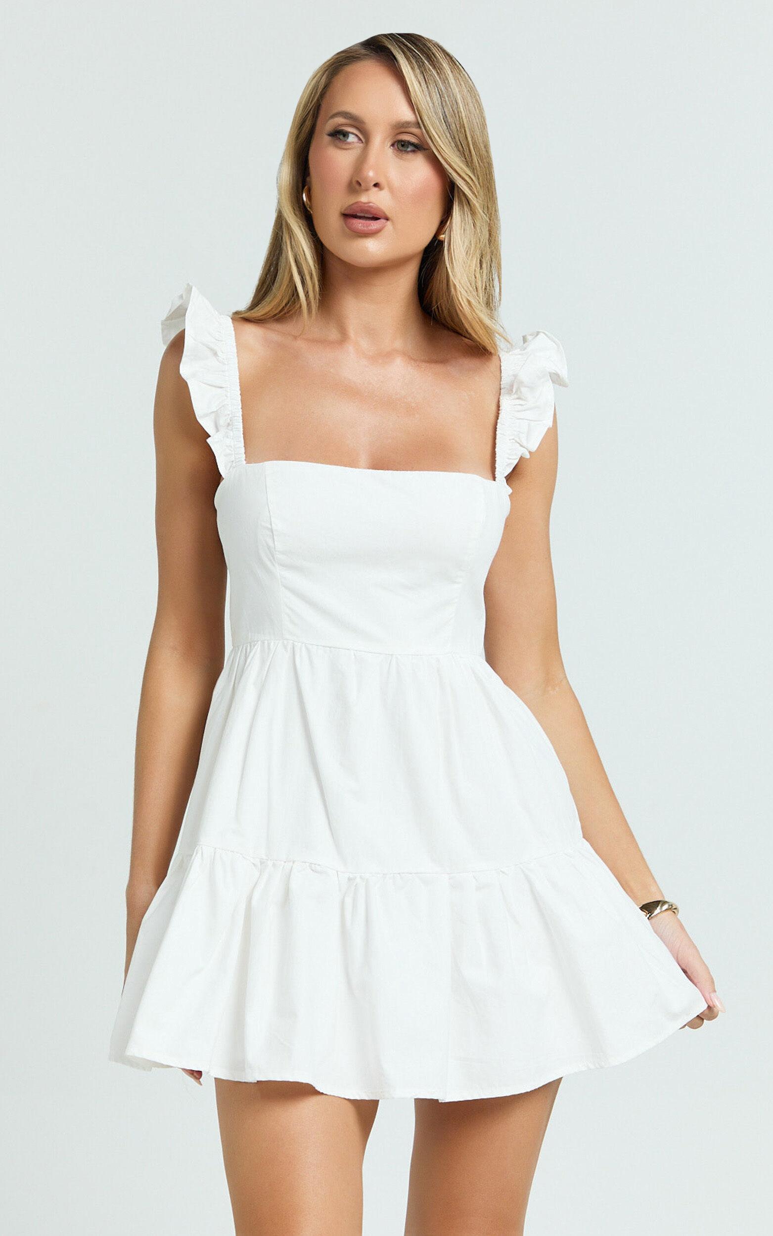 Miles Mini Dress - Ruffle Sleeve Tiered Dress in White Product Image