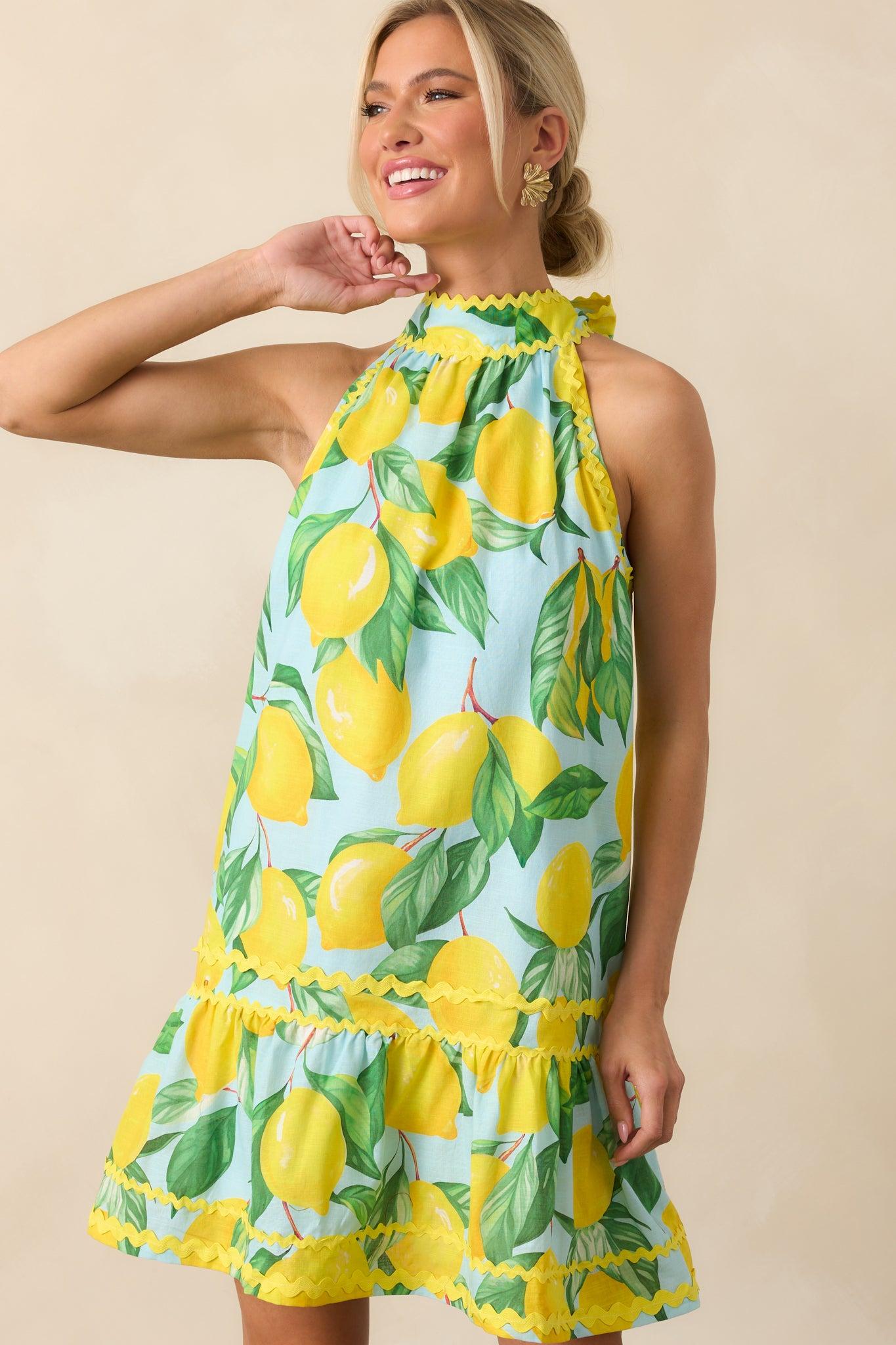 Prosperina Simone Blue Lemon Print Cotton Halter Mini Dress Product Image