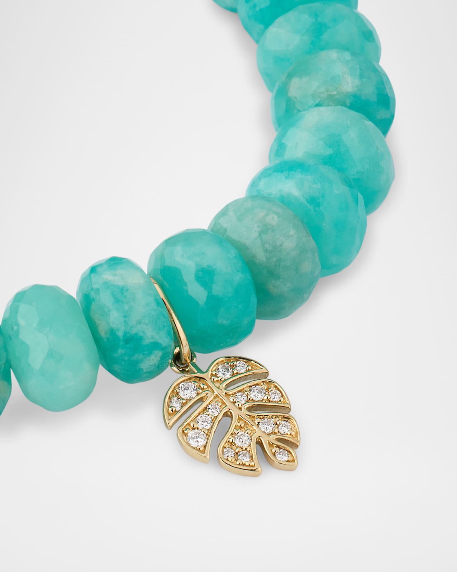 14K Gold Diamond Pave Leaf Charm Amazonite Beaded Bracelet Product Image