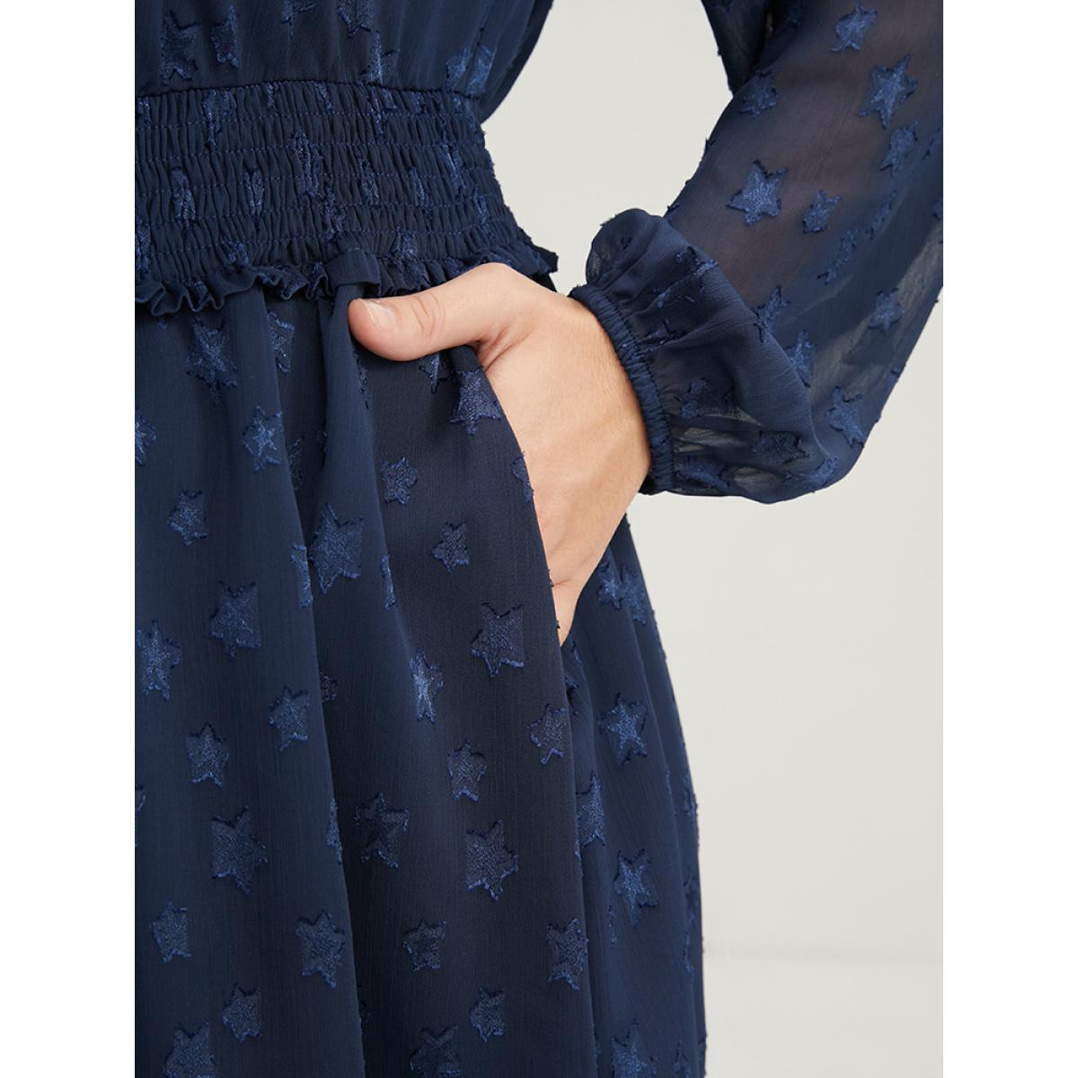 Plus Size Star Print Pocket Lantern Sleeve Shirred Chiffon Dress Navy Women Glamour Elastic Waist V-neck Long Sleeve Curvy Knee Dress BloomChic 30/6X Product Image