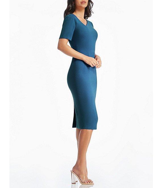 Dress the Population Ruth Asymmetrical Neck Short Sleeve Back Slit Sheath Midi Dress Product Image