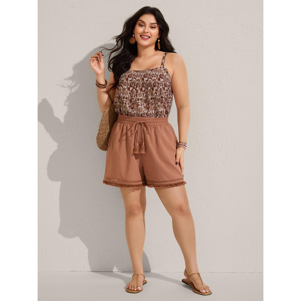 Plus Size Tassel Hem Solid Shorts Women Rust Resort Tassels Wide Leg Vacation Shorts BloomChic 30/6X Product Image