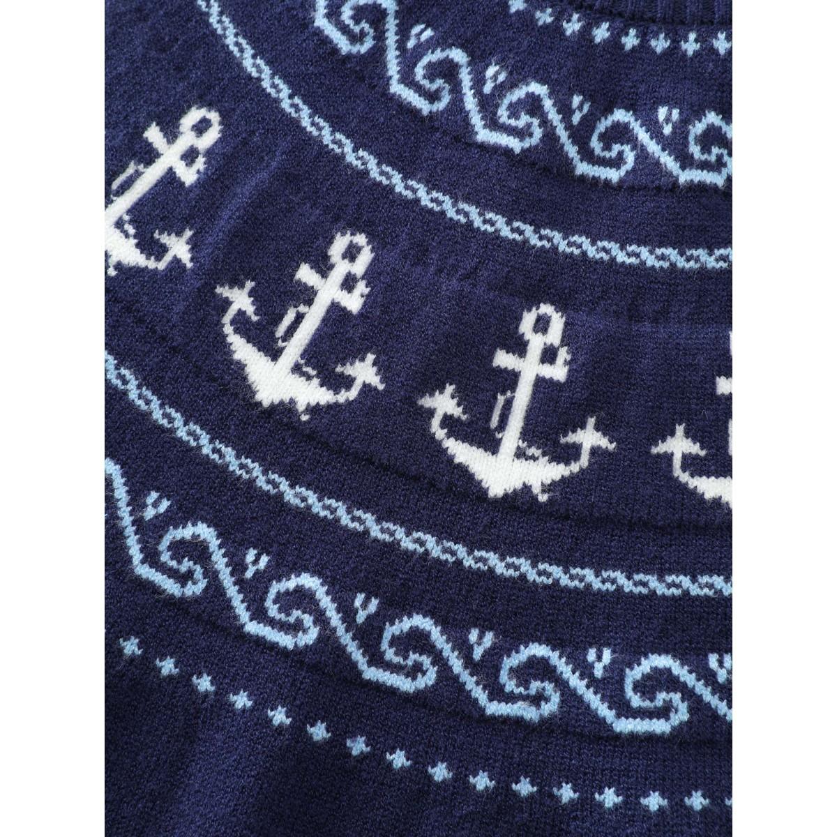 Plus Size Fair-Isle Nautical Elements Jacquard Pullover Indigo Women Leisure Loose Long Sleeve Round Neck Casual Pullovers BloomChic 28/5X Product Image