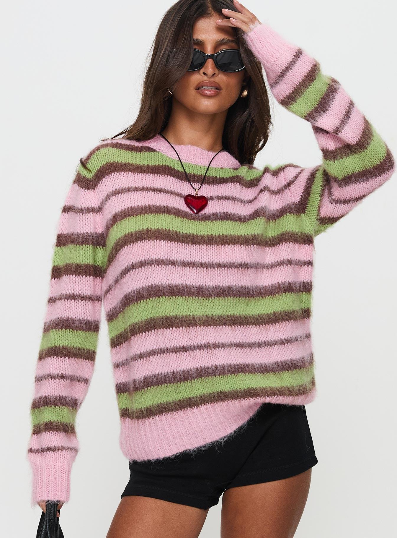 Maysie Crew Neck Knit Sweater Green / Pink Product Image