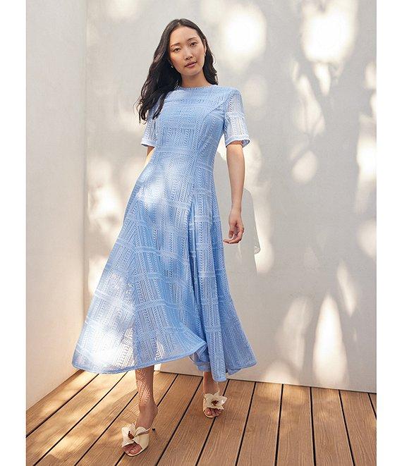 MISOOK Woven Lace Crew Neck Short Sleeve Fit-And-Flare Midi Dress Product Image