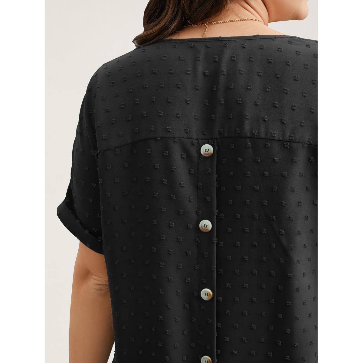 Plus Size Black Back-Button Textured V-Neck Shirt Women Timeless Short sleeve V-neck Elegant Blouses BloomChic 28/5X Product Image
