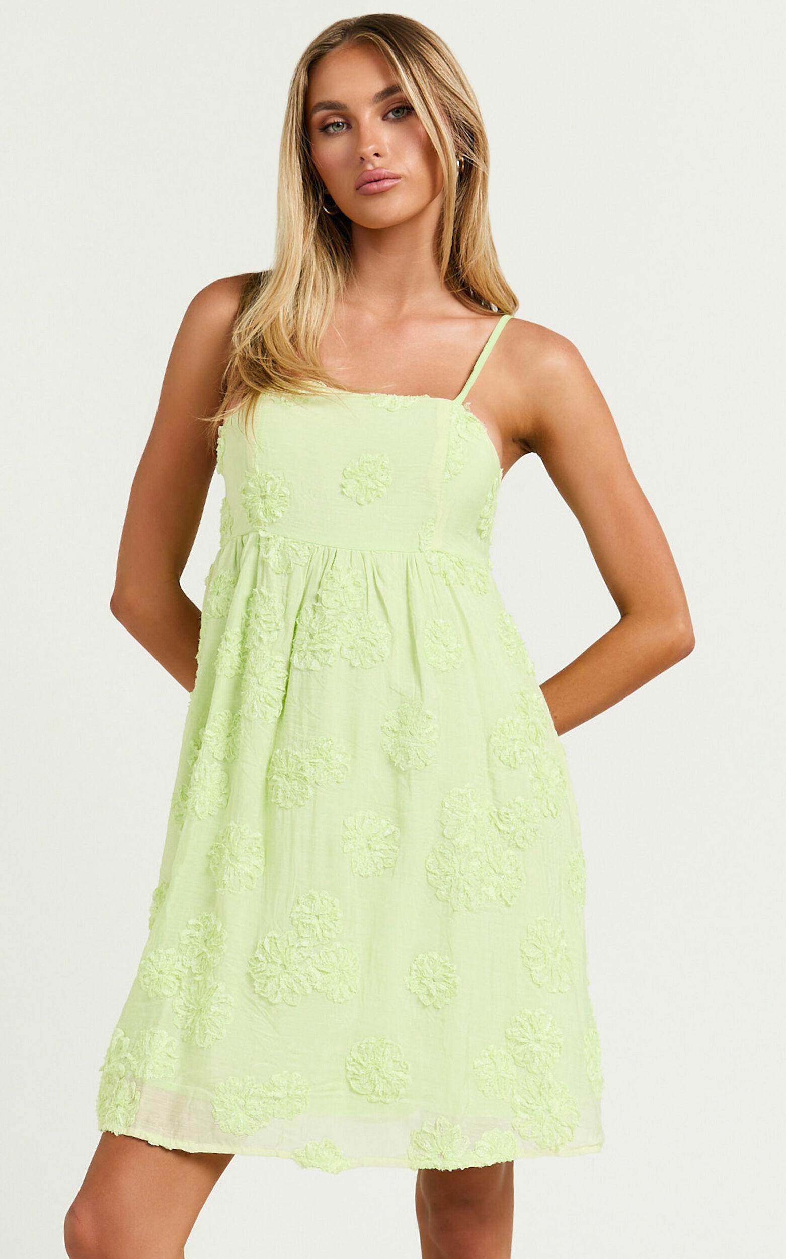 Claya Mini Dress - Sleeveless Straight Neckline Floral Detail Dress in Lime Product Image