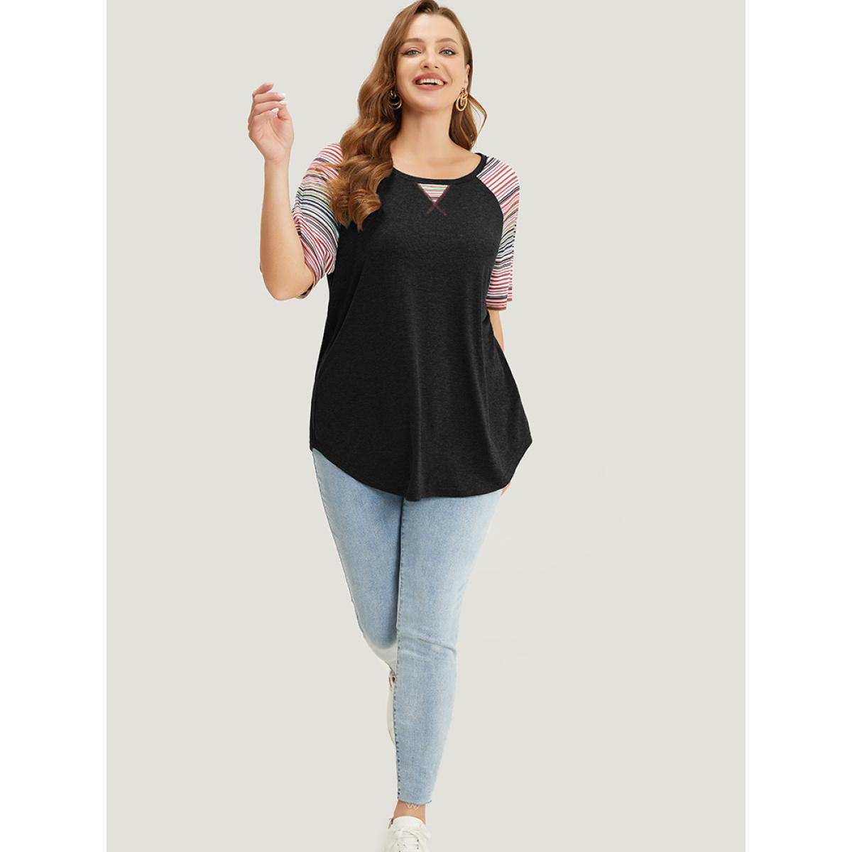 Plus Size Supersoft Essentials Striped Contrast Raglan Sleeve Curved Hem T-shirt Black Women Casual Contrast Plain Round Neck Everyday T-shirts BloomChic 18-20/2X Product Image