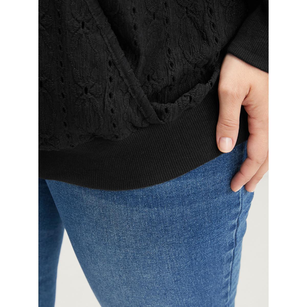 Plus Size Solid Wrap Eyelet Lace Sweatshirt Women Black Elegant Wrap V-neck Dailywear Sweatshirts BloomChic 22-24/3X Product Image