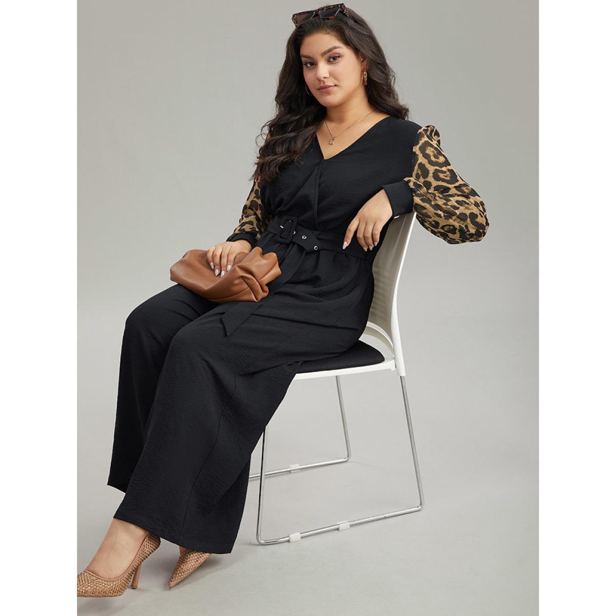 Plus Size Black Leopard Patchwork Wrap Buckle Detail Belted Jumpsuit Women Glamour Long Sleeve V-neck Going out Loose Jumpsuits BloomChic 28/5X Product Image