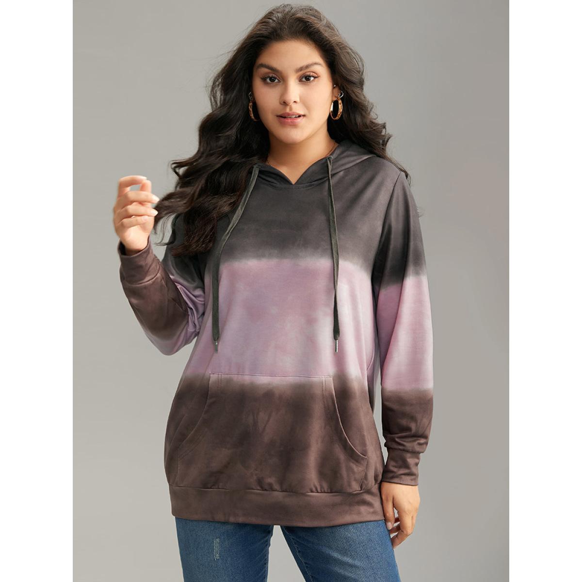 Plus Size Tie Dye Contrast Kangaroo Pocket Sweatshirt Women Multicolor Casual Contrast Hooded Dailywear Sweatshirts BloomChic 12/L Product Image