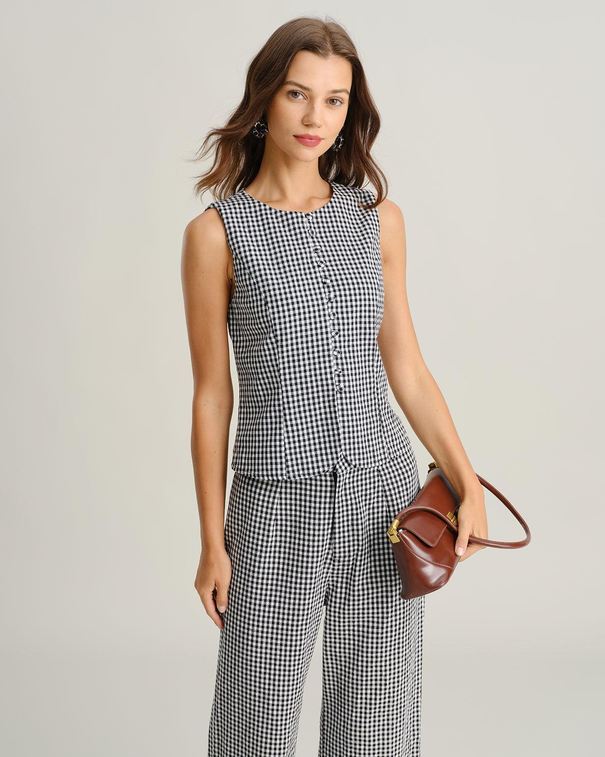 Black Plaid Button Vest Product Image