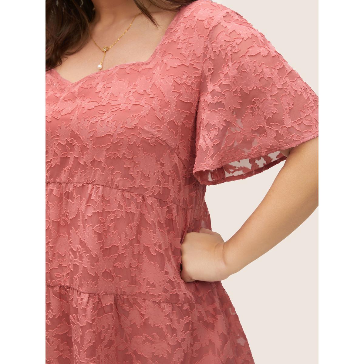 Plus Size DustyPink Chiffon Plisse Tiered Hem Ruffle Sleeve Blouse Women Elegant Short sleeve Square Neck Everyday Blouses BloomChic 10/M Product Image