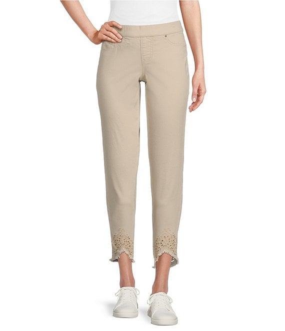 Intro Petite Size Straight Leg Tulip Eyelet Embroidered Frayed Hem Pull-On Ankle Pants Product Image