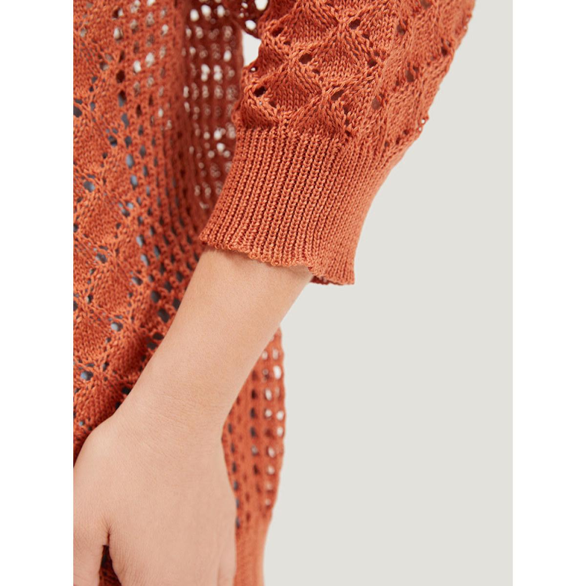 Plus Size Solid Hollow Out Ties Front Elastic Cuffs Cardigan Chocolate Women Casual Loose Elbow-length sleeve Dailywear Cardigans BloomChic 12/L Product Image